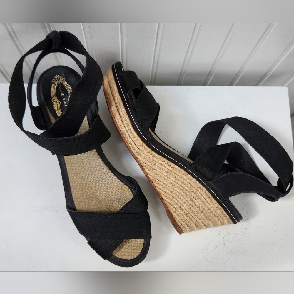 Elie Tahari Black Espradrille Platform Elastic Sandals EUC